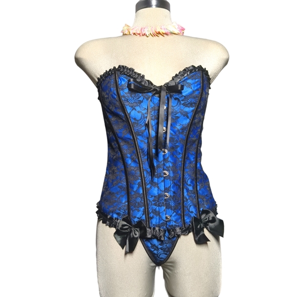 * NEW-* Blue and Black Satin and Lace Corset Set Size L - Picture 13 of 16